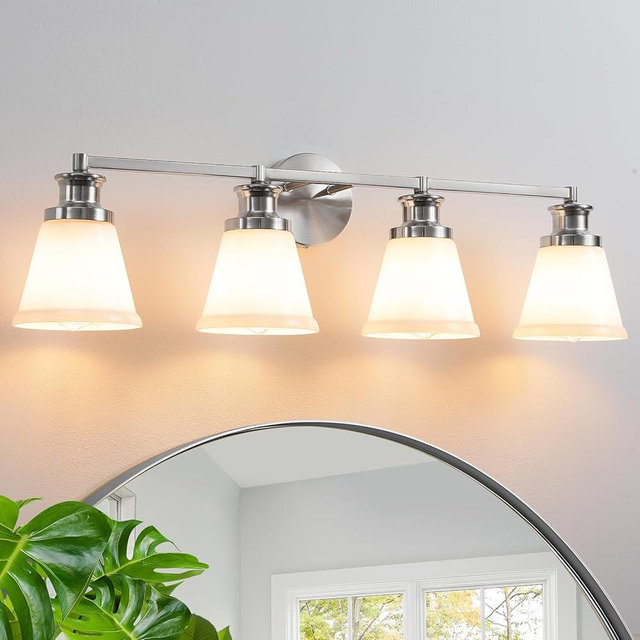 CCYCOL 4-Light Bathroom Vanity Light Fixtures, Brushed Nickel Bathroom Lights Over Mirror with Milk White Glass Shade, Modern Wall Sconces Lighting Vanity Lights for Bathroom (Exclude E26 Bulb)
