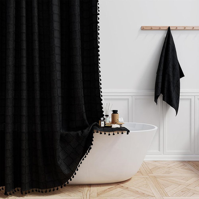 BTTN Stall Fabric Shower Curtain - 54 x 78 Inches Boho Linen Heavy Duty Tassel Shower Curtain Set with 10 Hooks, Narrow Rustic Modern Farmhouse Bohemian Thick Shower Curtains for Bathroom - Black