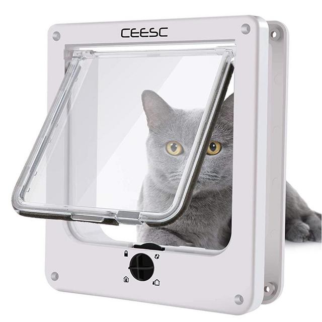 CEESC Cat Doors, Magnetic Pet Door with Rotary 4 Way Lock for Cats, Kitties and Kittens (Medium, White)