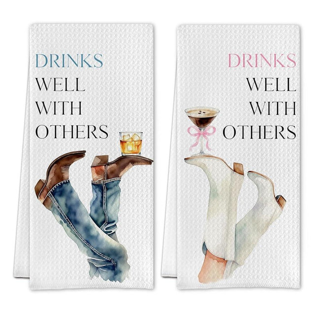 SereneHanctuary Western Whiskey Espresso Martini Kitchen Towels, Cowboy Cowgirl Gifts Dish Tea Towels, Gifts for Cocktail Lovers Decorative Hand Towel for Kitchen Bar Cart, 16x24 Inch Set of 2