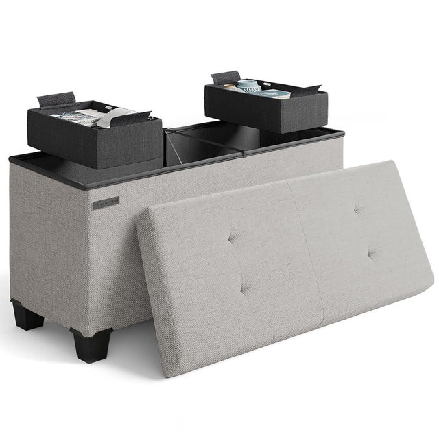 STORAGEBUD Storage Ottoman Bench with Bins, 30-in Storage Bench for Bedroom End of Bed, Folding Foot Rest Ottoman for Living Room Max 660lbs, Fabric Ottomans, Light Grey