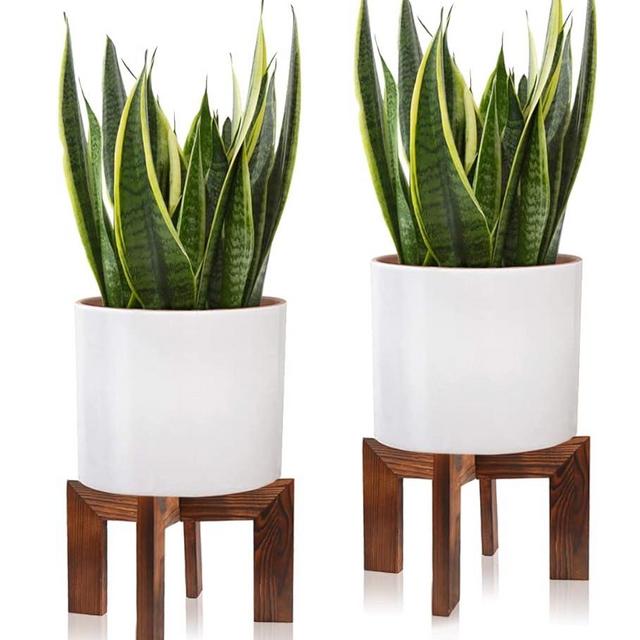 Gendral Forwepup 2 Pack Wood Plant Stand, Mid Century Modern Planter Stand Rattan Flower Pot Stand, Low Short Plant Stands Indoor - Boho Rustic Wooden Stool for Plant Pot Holder, Fit 5-15 Inch Pot