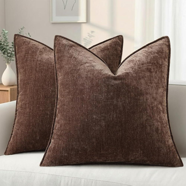 decorUhome Spring Couch Euro Sham Throw Pillow Covers 26x26 Set of 2, Decorative Soft Velvet Neutral Chenille Pillow Covers with Elegant Design for Sofa Bed Living Room Home Decor, Dark Brown