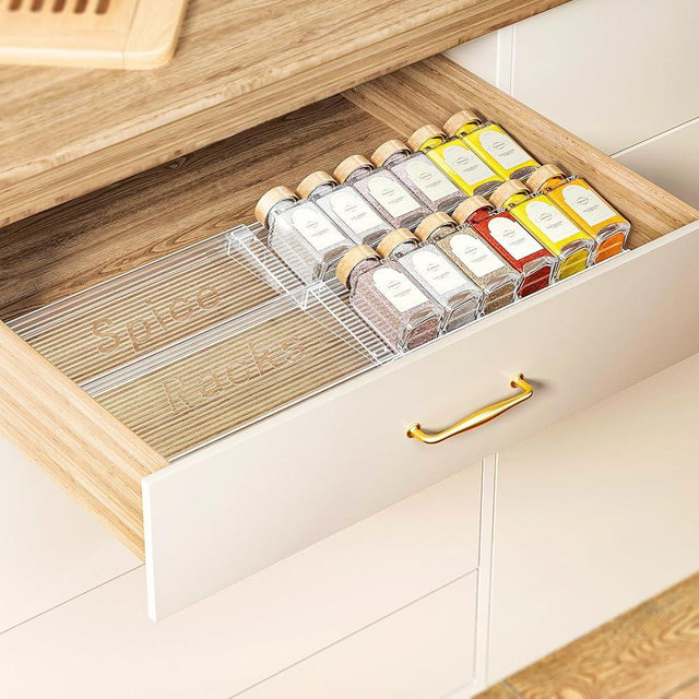 Pantasia Expandable Spice Drawer Organizer 2-Pack, Adjustable Clear Acrylic Spice Rack for Drawer, Ideal for Kitchen Spice Organization, Seasoning Organizer Holds Up to 24 Jars(Jars Not Included)