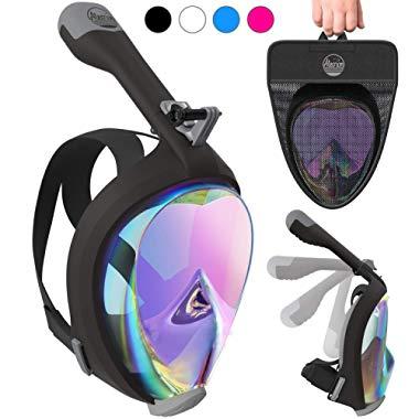 Aleoron - Foldable Full Face Snorkel Mask for Adults and Youth (Women & Men) - Anti Fog Full Face Snorkeling Mask with Action Camera Mount - Dive Mask UV Panoramic 180 Seaview Diving Mask Set