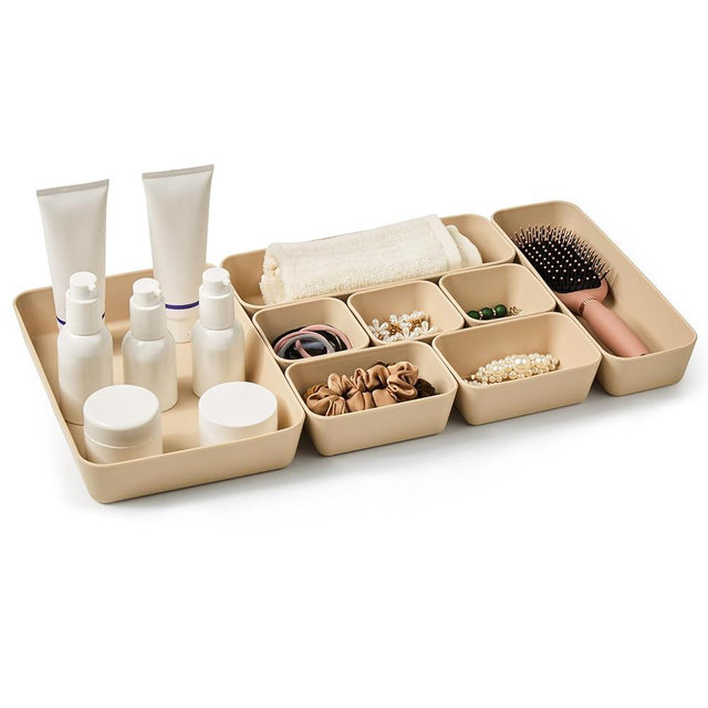 ISSEVE 8Pcs Nesting Silicone Drawer Organizer Trays, 4 Size Versatile Vanity Bathroom & Desk Drawer Organizer Set Storage Bins for Office,Kitchen,Nightstand,Beige