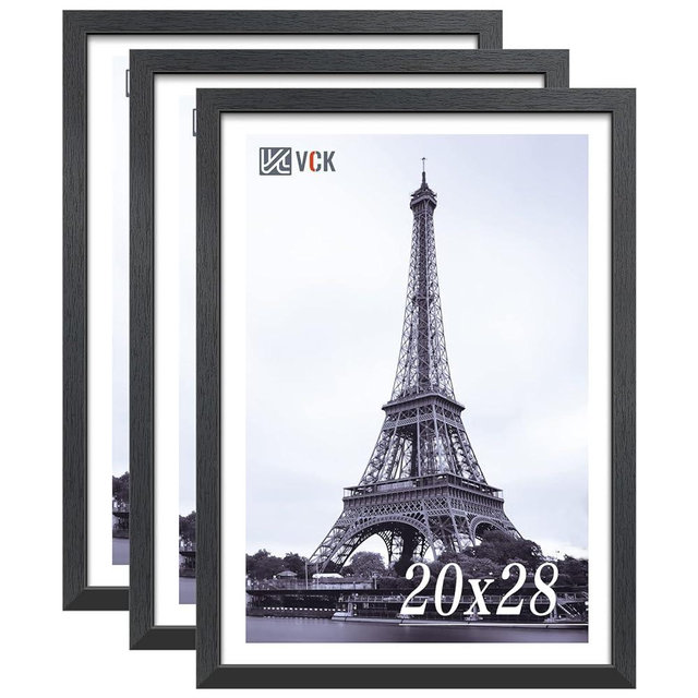 VCK 20x28 Poster Frame Set of 3 - Black, Textured Exclusive Solid Wood Picture Frames, Wall Hanging