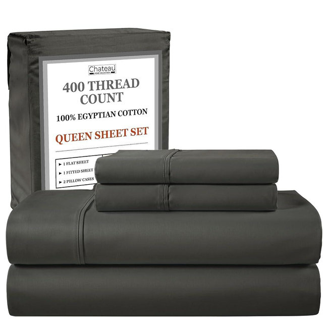 400 Thread Count Egyptian Cotton Sheets Queen Sheet Set Deep Pocket, 100% Cotton Bed Sheets Queen Size Set, No Pill Soft & Comfy Naturally Cool Breathable Elasticated Sheet & Pillowcase Sets- Charcoal