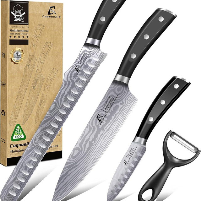 Essential Chef Knife Set, Professional Damascus Pattern Kitchen Knives Set 4 Pcs without Block, German Stainless Steel Sharp, for Bread, Meat Cutting, Fruits, Vegetable, Bbq, Home Cooking, Gift Box