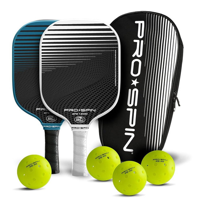 PRO SPIN Pickleball Paddles - Set of 2 USAPA-Approved Graphite Carbon Pickle Ball Paddles, 4 High-Performance Pickleball Balls, Durable Bag for Rackets & Balls - Great Gift