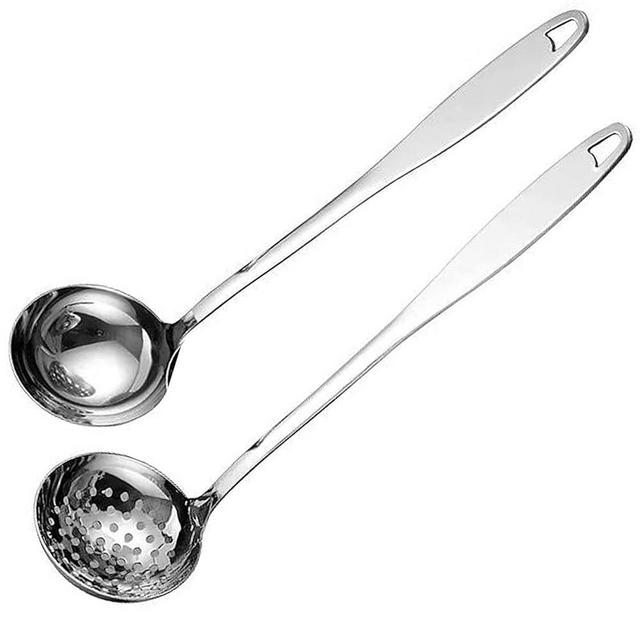 Soup Ladle Big Soup Serving Spoon Stainless Steel Heavy Duty Soup Ladle Colander with Attractive Mirror Finish, Perfect for Hotpot Stirring, Serving Soup, Deep Wide Enough 2PCS (12 inch)