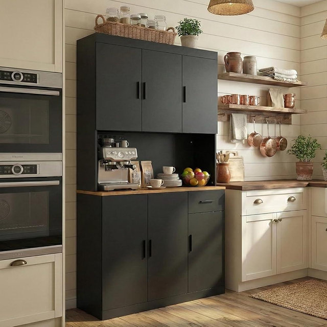 DIYART 71 Inch Black Pantry Cabinet with Power Outlet, Heavy-Duty Freestanding Kitchen Storage Organizer with Reinforced Frame, Pantry Hutch for Kitchen, Dining Room, Living Room