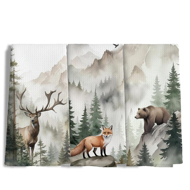 BUJSP Mountain Forest Farmhouse Animals Kitchen Dish Towels Set of 3, Rustic Deer Fox Bear Nature Hand Towels for Cabin Lodge Camper Nursery Kitchen Bathroom Decor, 16x24 Inch