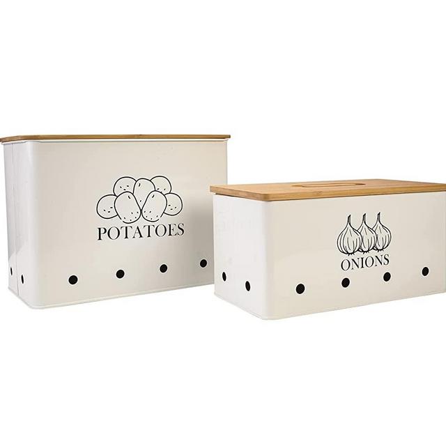 Xbopetda Potato Onion Storage Box, Food Container Sets, Storage Canisters for Vegeatables, Set of 2 Jars Pots Containers, Potato & Onion Bin with Aerating Tin Storage Holes & Bamboo Lid-White