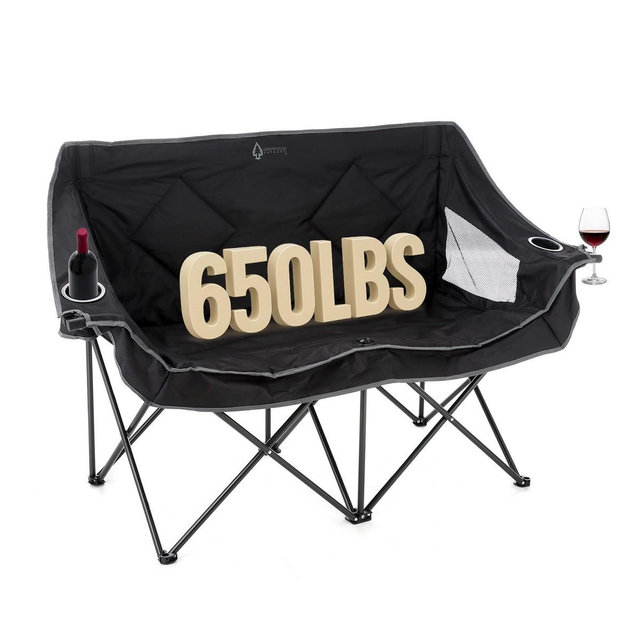ARROWHEAD OUTDOOR Portable Folding Double Duo Camping Chair Loveseat Couch w/ 2 Cup & Wine Glass Holders, Supports 650 lbs