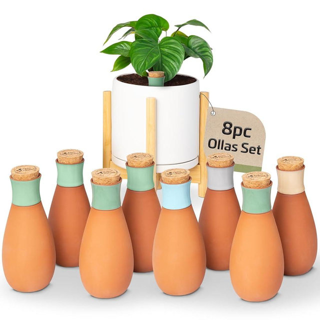 Azen Garden Olla Plant Watering Globes - Ollas Terracotta Self Watering Planter Insert - Watering Bulbs for Indoor and Outdoor Plants with Easy Top Refill System - Set of 8