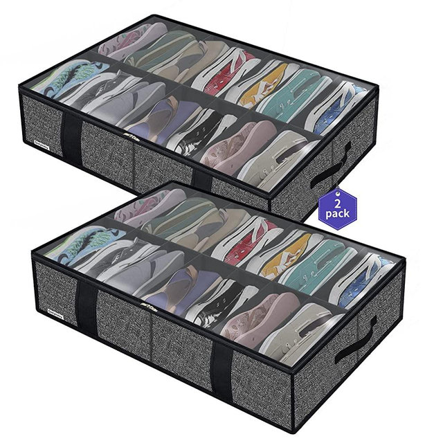 Onlyeasy 2 Pack Large Under Bed Shoe Storage Organizers with Handles & Clear window (14 +14 Pairs), Sturdy Underbed Box Organizer Shoe Storage Bags for Kids & Adults, Linen-like Black, MXAUBS14S14