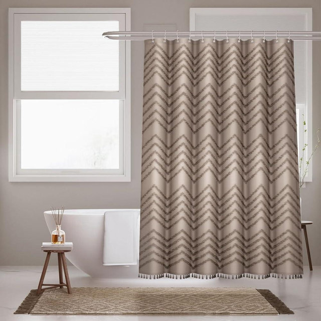 Inhousolu Boho Woven Fabric Shower Curtain, Tufted Textured Chevron Striped Tassel, Modern Farmhouse Minimalist Cloth, Water-Repellent Washable Bath Curtain for Bathroom Hotel 36" W x 72" L Beige