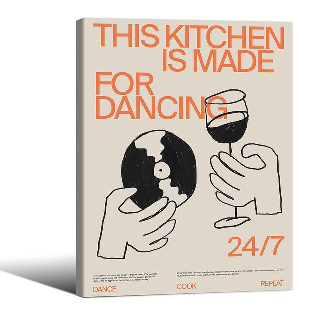This Kitchen Is for Dancing Sign Wall Art Cocktail Alcohol Drink Poster 12x16 inch Framed Trendy Retro Coffee Dining Room Canvas Prints Bar Cart Wall Decor