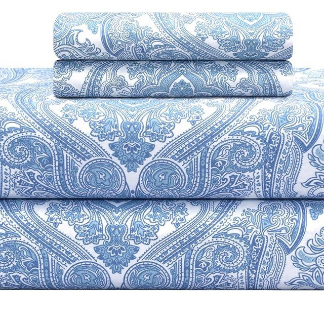 Feather & Stitch Softest 100% Cotton Sheets, 300 Thread Count Percale Weave Bedding, 16" Deep Pocket, Cooling Sheets, Breathable Bed Set, Hotel Premium Quality (King Blue Paisley)