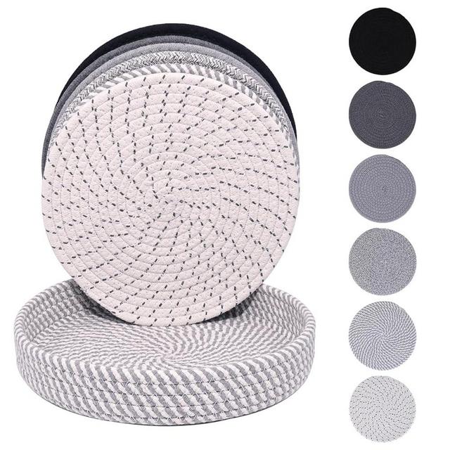 JIngJIALii 6 Pack 10 Inch Cotton Trivets for Hot Dishes, Ash Gray Round Trivets with Storage Basket