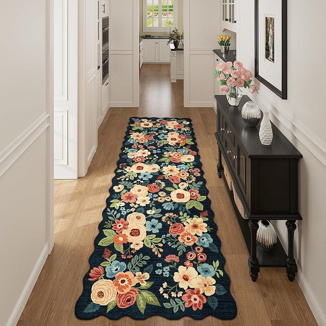 DUKINO 2x10 Runner Rug for Hallway, Washable Kitchen Rug with Non Slip Backing & Non-Shediing, Soft Low Pile Floral Design Runner for Bedroom, Kithchen, Living Room, Laundry, Bathroom, Navy Blue
