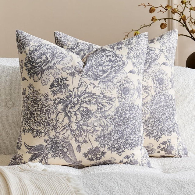 yeshttdy Floral Pillow Covers 18x18 Inch Set of 2 Blue White Farmhouse Block Print Pillow Covers Decorative Throw Pillow Covers Vintage Neutral Accent Couch Pillows for Living Room Sofa Bed