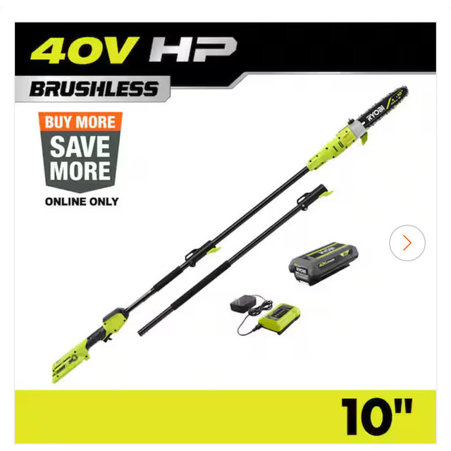 RYOBI 40V HP Brushless 10 in. Cordless Battery Pole Saw with 2.0 Ah Battery and Charger RY40HPPS01K