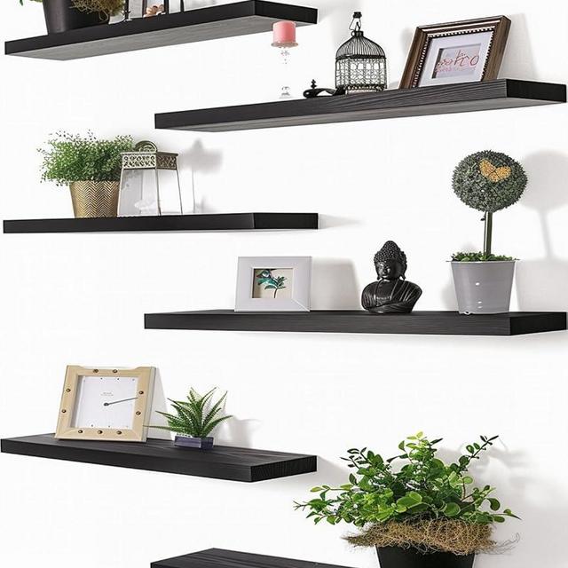 PHPH 24 Inch Wood Floating Shelves for Wall, Wooden Wall Shelves for Bedroom, Set of 6 Black