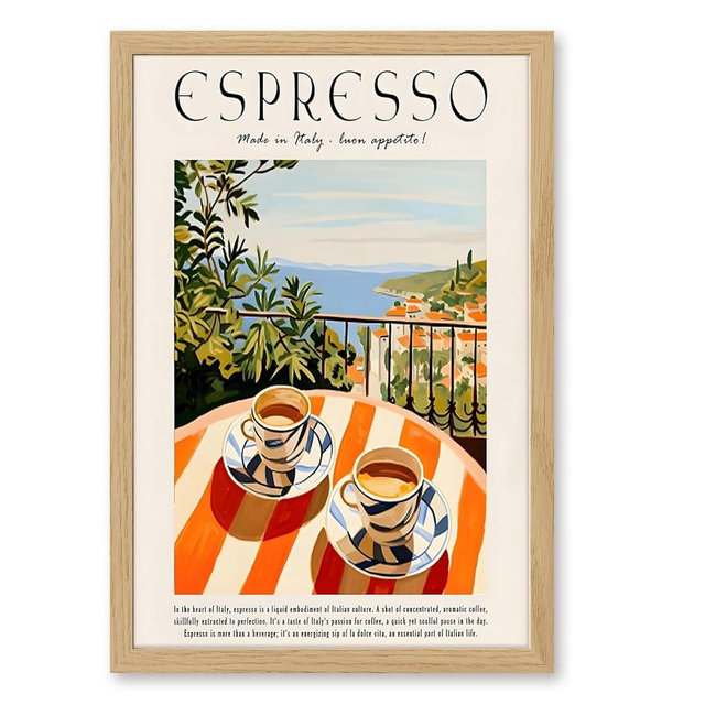 Vintage Espresso Coffee Poster Italian Food Wall Art Retro Travel Drink Print Trendy Cozy Kitchen Decor for Home Cafe Dorm Apartment Bedroom Bar Wall 16x24inch Wood Color Pvc Frame
