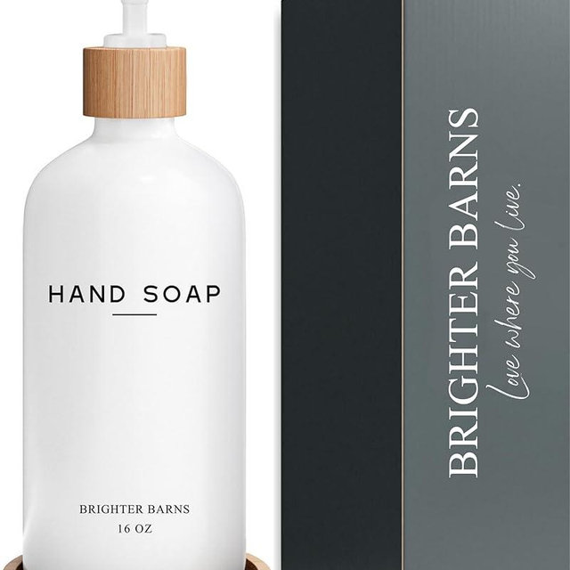 White Glass Hand Soap Dispenser Bathroom Set by Brighter Barns - Liquid Hand Soap Dispenser for Kitchen Sink - Boho Bathroom Pump Bottle Set - Minimalist Home Decor for Vacation Rental, Gifts (White)