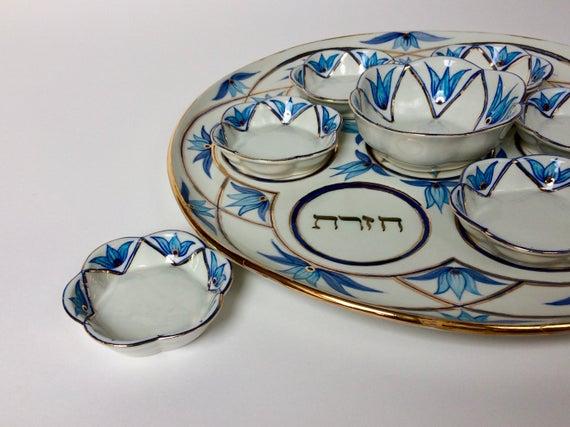 Pesach Seder plate set with tiny bowls, porcelain, handpainted with navy blue, turquoise and gold
