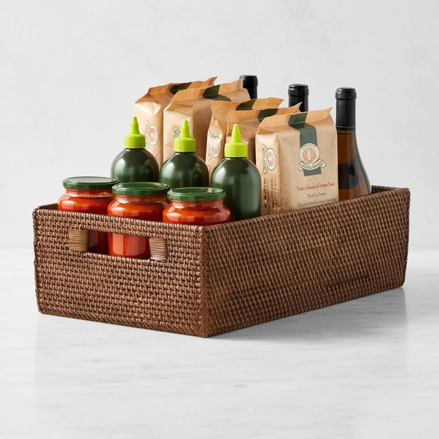 Hold Everything Rattan Cubby Pantry Baskets, Low Profile, Walnut