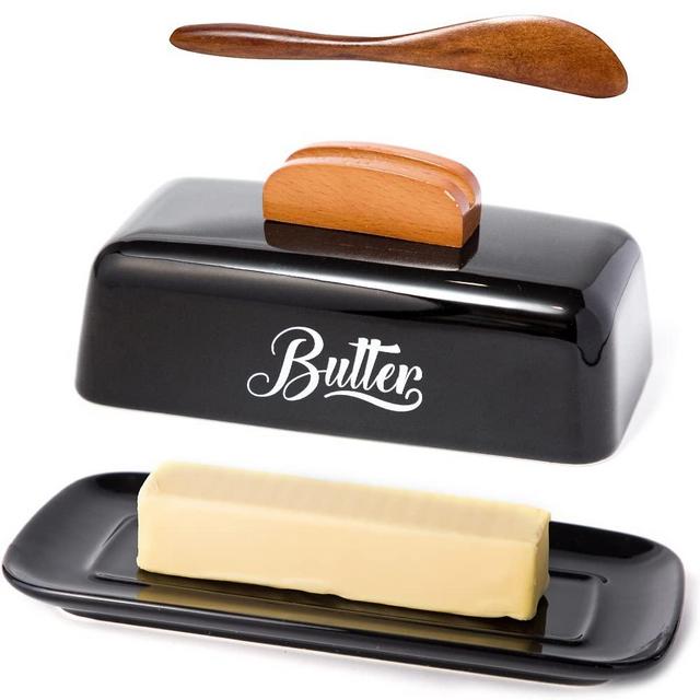 AISBUGUR Butter Dish with Lid and Knife Ceramic Butter Holder for Counter, Humanized Clamp-able Knife Handle Design, Perfect for East West Coast Butter, Black