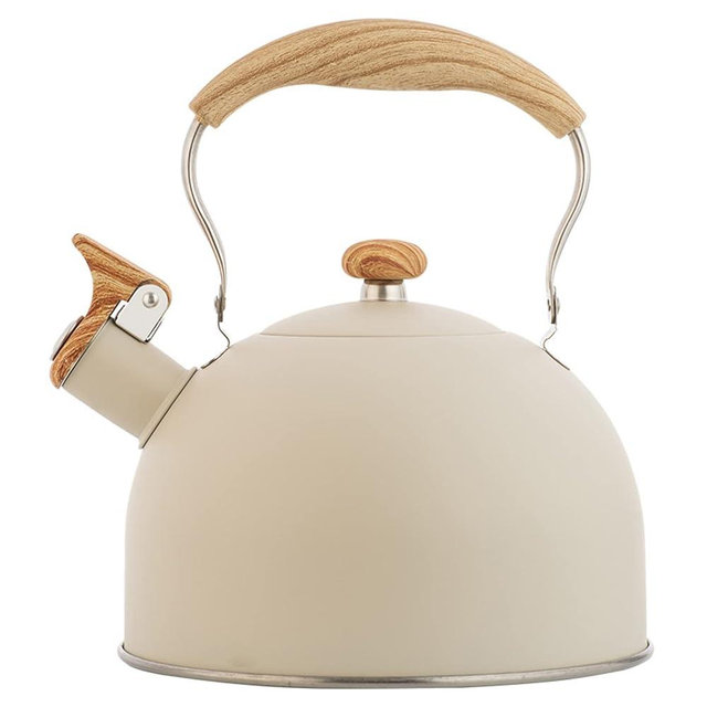 YTCYKJ Tea Kettle,2.6 Quart Whistling Tea Kettle, Tea Kettle Stovetop, Food Grade Stainless Steel Teapot with Wood Pattern Handle, Loud Whistle Kettle for Tea, Coffee, Milk(Beige-2.6 Quart)