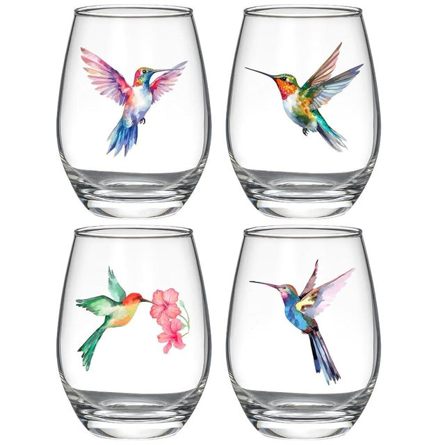 Hummingbird Stemless Wine Glasses Set of 4, Hummingbird Lovers Gifts for Women, Bird and Outdoor Lovers, 15oz Wine Glasses Gifts for Women, Floral Garden Lovers, Forest Birds Hummingbird Decor