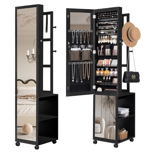 Hzuaneri 8 LEDs Jewelry Cabinet Armoire, 64.8-inch Jewelry Organizer with Garment Rack, Lockable Full-length Mirror with 4 Wheels, Storage Shelves with Hooks, 5-in-1, Black JC17004B