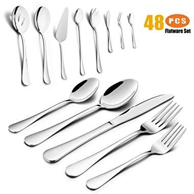 Silverware Set for 8, HaWare 48-Piece Stainless Steel Flatware Cutlery Tableware Set, 40-Piece Dinner Knives/Spoons/Forks, Additional 8-Piece Serving Set, Mirror Polished, Dishwasher Safe