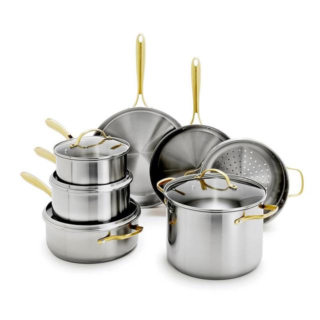 GreenPan Swift 11 Piece Stainless Steel Cookware Set, Non-Toxic PFAS-Free, Induction Safe Kitchen Pots & Pans, Interior Measurement Markings, Gold Handles & Lids, Steamer, Oven Safe, Silver