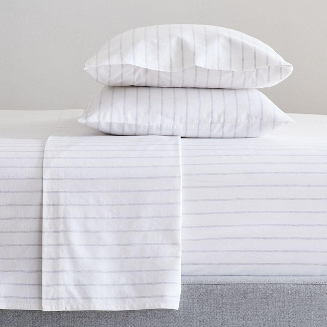 Washed Cotton Melange Simple Stripe Sheet Set , King, Heather Gray