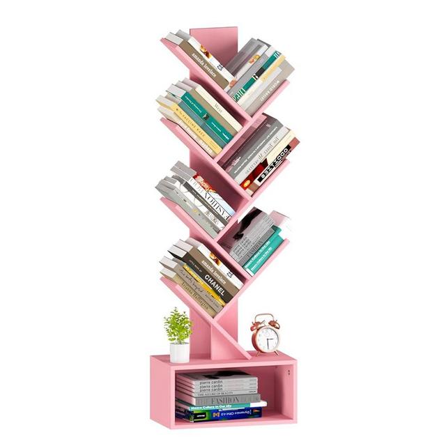 Yoobure Tree Bookshelf - 6 Shelf Retro Floor Standing Bookcase, Tall Wood Book Storage Rack for CDs/Movies/Books, Utility Book Organizer Shelves for Bedroom, Living Room, Home Office Pink