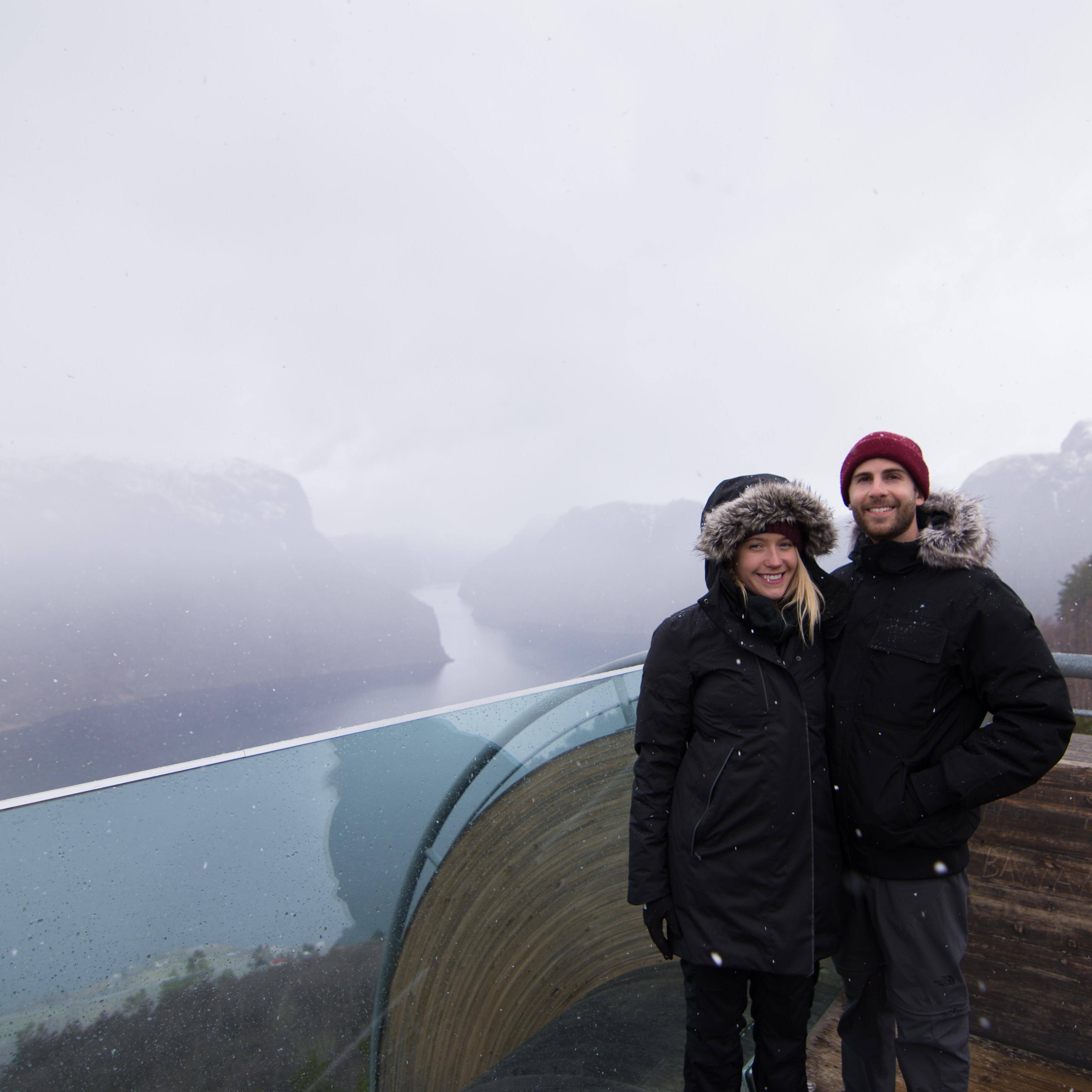 Getting snowed on at Stegastein Lookout in Norway, unforgettable!