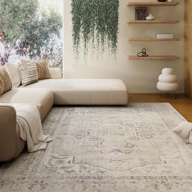 Washable Area Rugs for Living Room: 5'x7' Bedroom Rug Boho Stain Resistant Tribal Distressed Vintage Accent Rug Non Slip Low Pile Faux Wool Soft Rug for Kitchen Bedside Nursery Office Dining Room