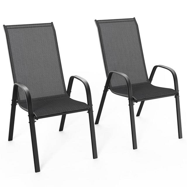 VINGLI Patio Chairs Set of 2 – Stackable Outdoor Dining Chairs with Comfortable Sling High Back Chairs and Armrests for Lawn, Poolside, Courtyard, Balcony, Garden, Black