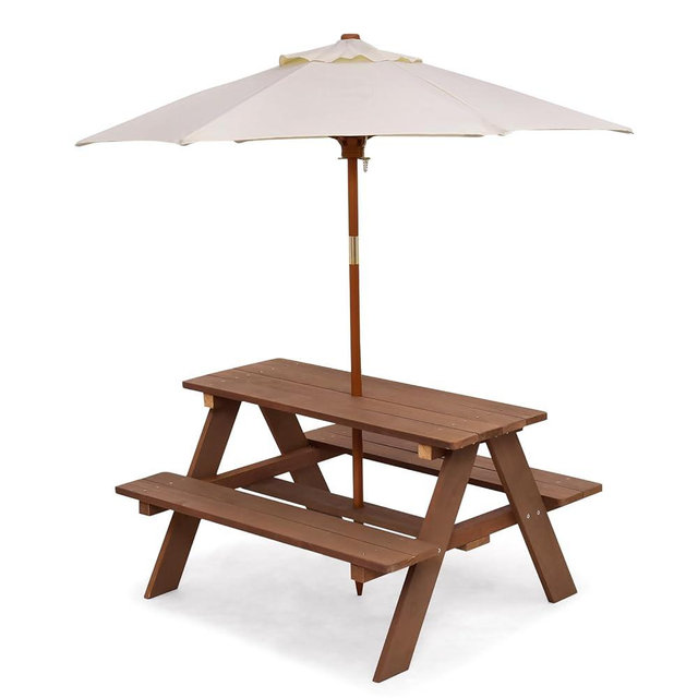 Costzon Kids Picnic Table, Wooden Childrens Table & Bench Set with Removable Umbrella, Kids Patio Furniture for Backyard, Garden, Kids Table and Chair Set for Outdoors (Natural)