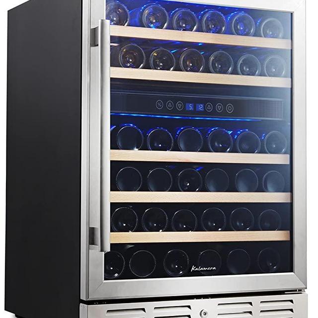 Kalamera Upgraded 24 inch Wine Cooler, 46 Bottle - Dual Zone Built-in or Freestanding Fridge with Stainless Steel Reversible Glass Door, for Home, Kitchen, or Office.