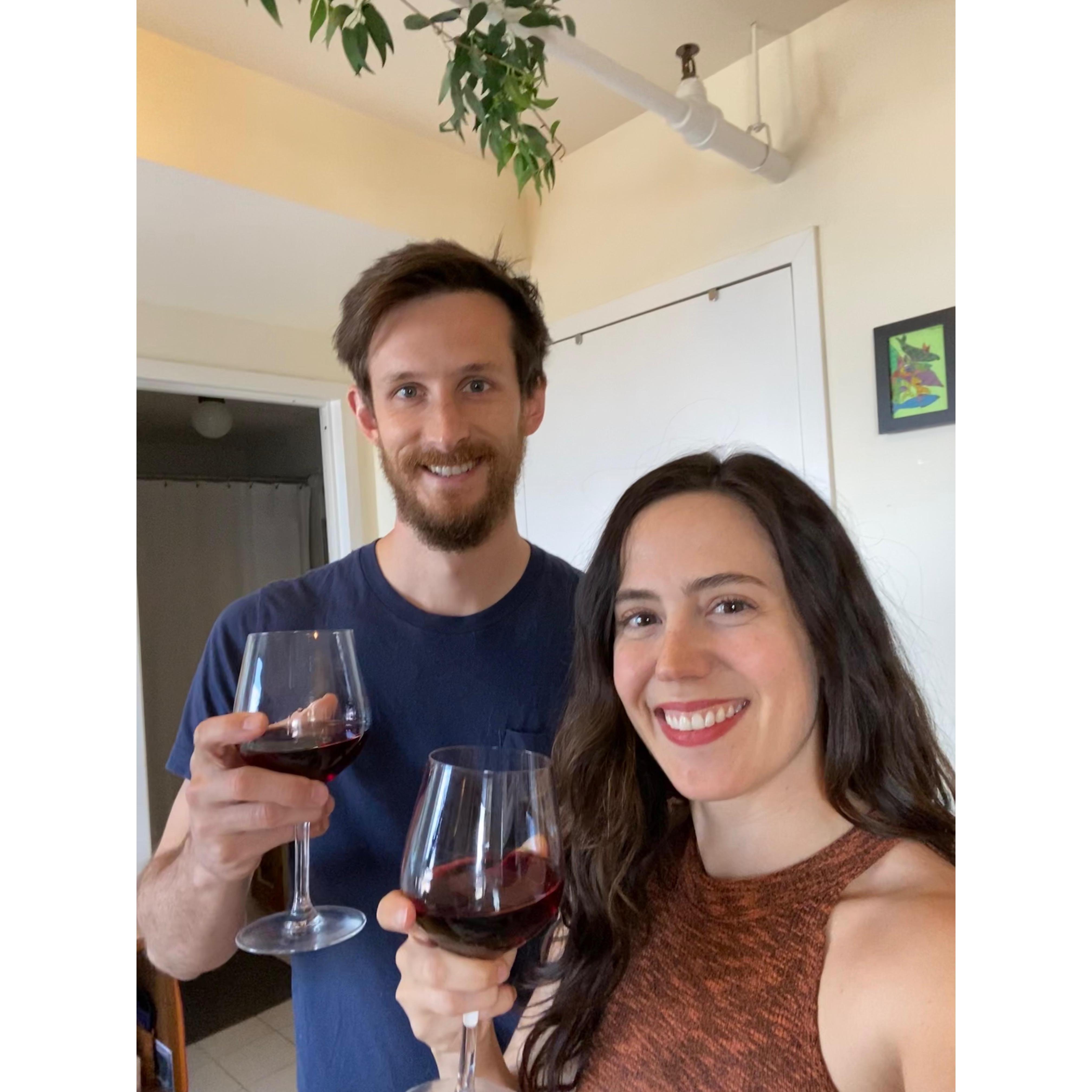 May 14, 2020. During quarantine, toasting to postponing our wedding date.