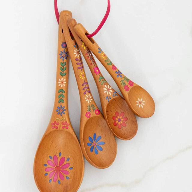 Folk Flower Wooden Measuring Spoons, Set of 4