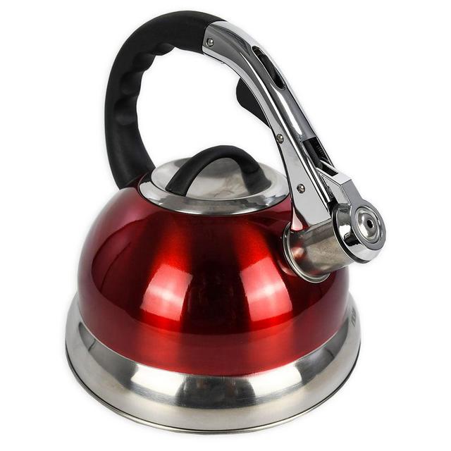 Mainstays 3 Liter Whistling Tea Kettle, Stainless Steel (Red)