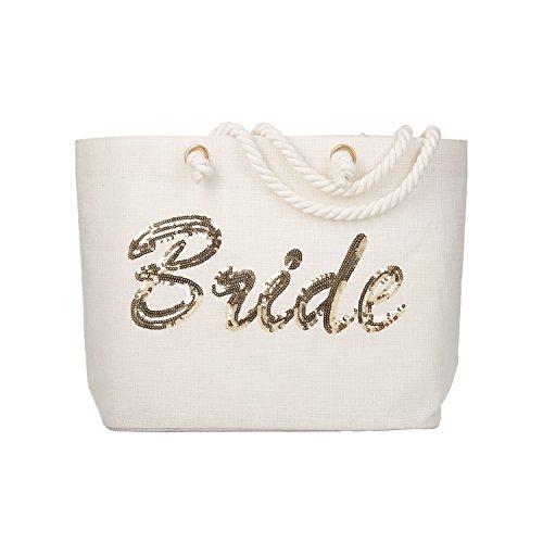 ElegantPark Bridal Shower Gifts for Bride Tote Large Bride Bag Bride Gifts for Engagement Wedding Party Honeymoon Beach Bag Jute Gold Sequin Interior Pocket